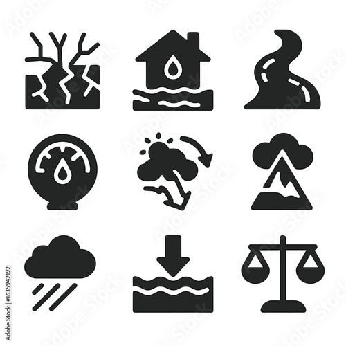 Climate Water Connection Icons. Solid style icons of climate and water connection: drought crack, flooded home, dry riverbed,