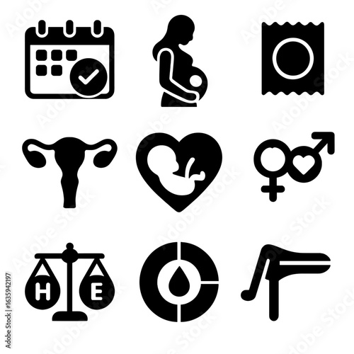 Reproductive Health Icons. Solid style icons of reproductive and sexual health: fertility calendar, pregnancy care icon,