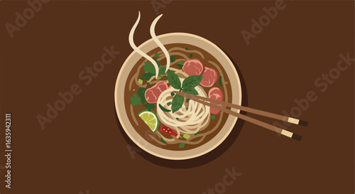 Steaming bowl of noodle soup.  Lime wedge, basil, and sliced meat are visible