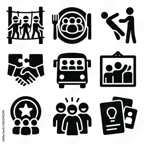 Team Building Icons. Solid style icons of team building and bonding: ropes course icon, team lunch plate, trust fall figure,