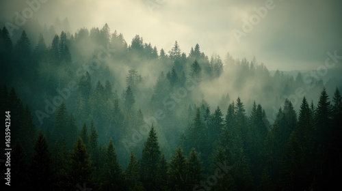 A misty forest at dusk, tall pines shrouded in fog, evoking a sense of mystery and quiet solitude.