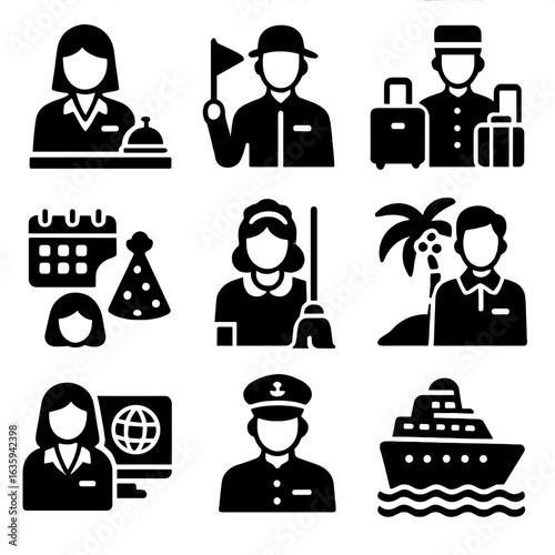 Hospitality Job Icons. Solid style icons of hospitality and tourism jobs: hotel receptionist, tour guide, bellhop with luggage,