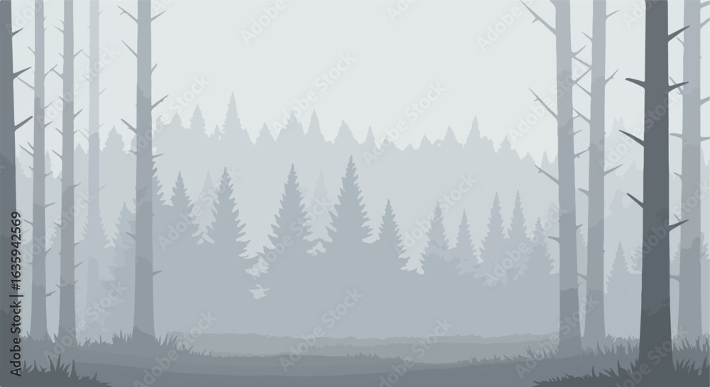 Gray scale scenery with trees and foliage in layers of a misty forest