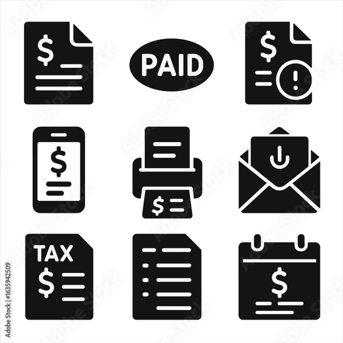 Billing Icons Collection. Solid style icons of invoices and billing: invoice document, paid stamp icon, overdue notice, digital