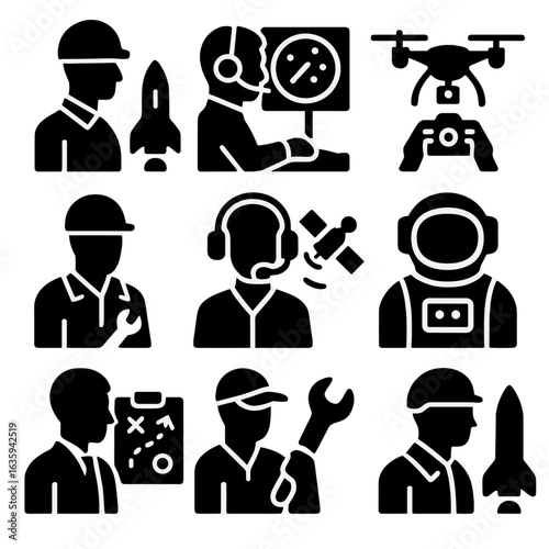 Aerospace Job Icons. Solid style icons of aerospace and aviation jobs: rocket engineer, air traffic controller, drone pilot,