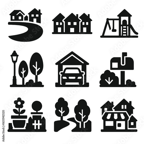 Suburban Icons Collection. Solid style icons of suburban neighborhood views: cul-de-sac road, row of homes, local playground,