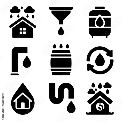 Rainwater Collection Icons. Solid style icons of rain collection and reuse: rooftop rain collector, gutter funnel, water tank icon