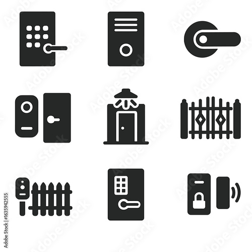 Entrance Security Icons. Solid style icons of entrances and security features: keypad entry door, intercom icon, secure deadbolt,