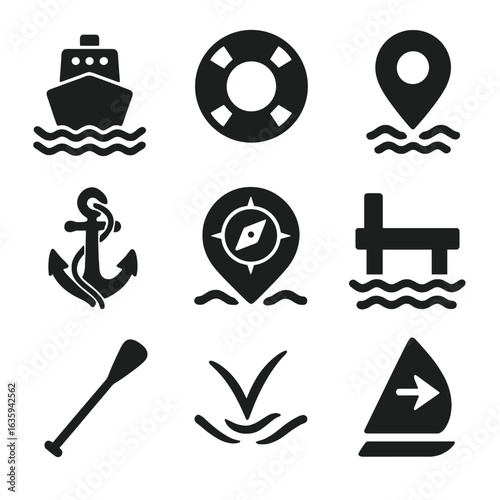 Maritime Navigation Icons. Solid style icons of maritime navigation and water travel: ship on waves, life buoy icon, water GPS pin