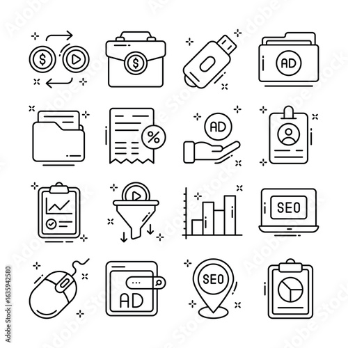 Easy to edit handy pack of digital ads outline style icons