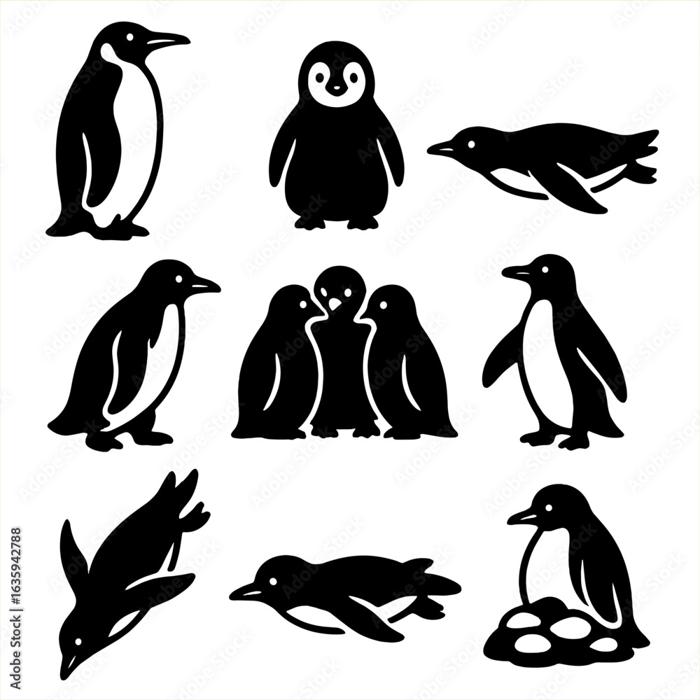 Naklejka premium Penguin Icons Collection. Solid style icons of penguins: emperor penguin, baby penguin, swimming penguin, walking pose, group