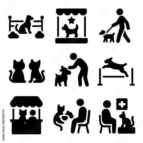 Pet Activity Icons. Solid style icons of pet and animal activities: dog park area, pet show stage, dog walking, leash and treat