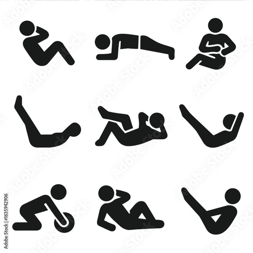 Core Workout Icons. Solid style icons of core training: crunch pose, plank icon, Russian twist, leg raise, bicycle crunch, hollow