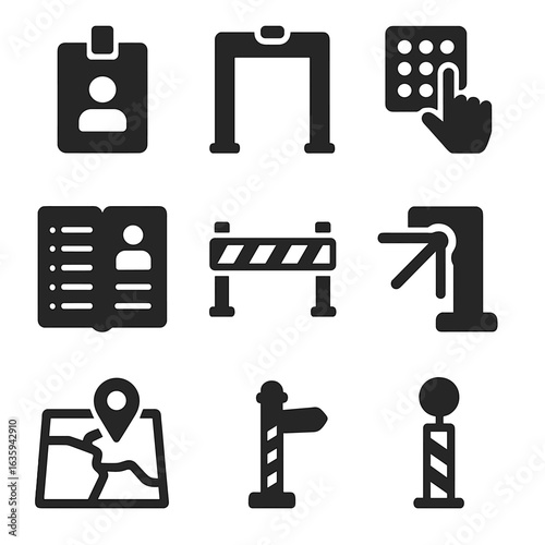 Site Access Icons. Solid style icons of site access and control: ID badge, security gate, access control icon, locked gate,