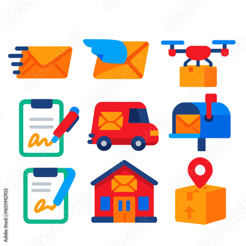 Modern Mail Delivery Icons. Flat vector icons of mail delivery process: letter in transit, flying envelope, fast delivery van.