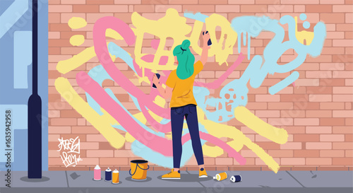 Artist painting colorful graffiti mural on a brick wall with spray paint cans
