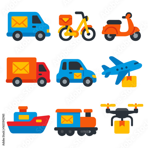 Postal Icons Collection. Flat vector icons of postal vehicles: mail delivery van, postal bike, scooter with letter box. delivery