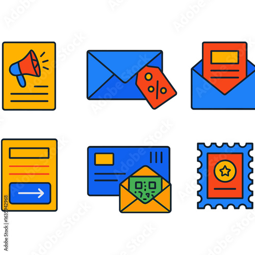Direct Mail Icons. Flat vector icons of direct mail marketing: promotional flyer, envelope with discount tag, catalog envelope.