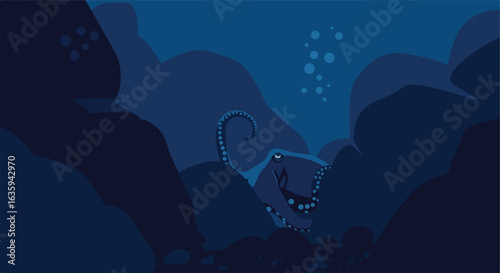 Cartoon octopus swimming, hiding among coral reefs in the deep blue ocean