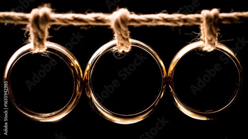 Three metallic wedding bands on rope, glowing with romance in the shadows