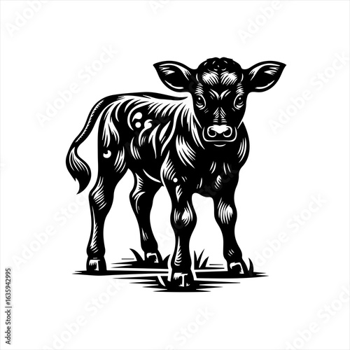 Stylized black and white illustration of a young calf standing in grass