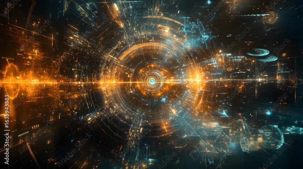 Obraz premium Captivating digital artwork showcasing a dimensional portal wormhole or vortex like structure leading to a vibrant luminous and cosmic universe filled with energy particles and surreal elements