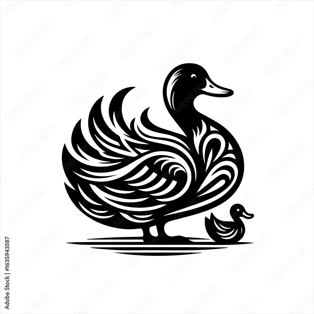 Obraz premium Elegant black silhouette of a mother duck and duckling with tribal feather design
