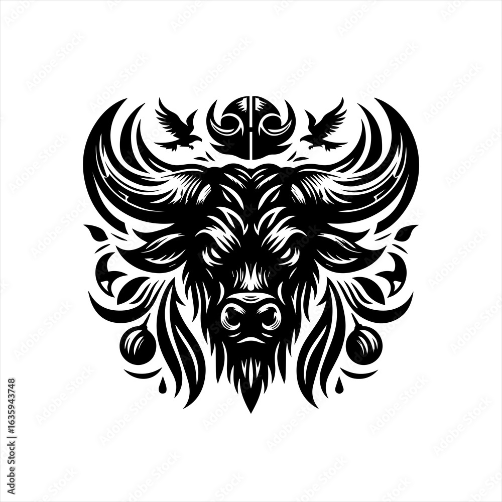 Fototapeta premium Intricate black and white buffalo head emblem with eagles and ornate details