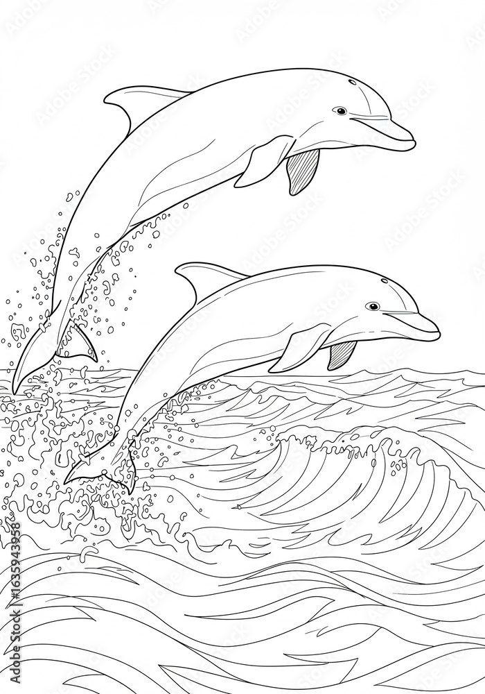 Obraz premium Graceful Dolphins Jumping from Rough Sea Waters - Dynamic Marine Animal Illustration for Coloring