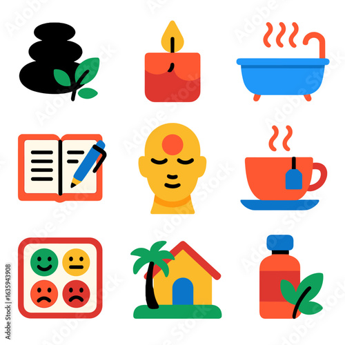 Wellness Icon Set. Flat vector icons of wellness and self-care: spa stone, scented candle, warm bath, journal writing, mindfulness