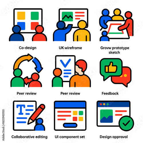 Modern Design Collaboration Icons. Flat vector icons of collaboration in design: co-design board, UX wireframe session, group