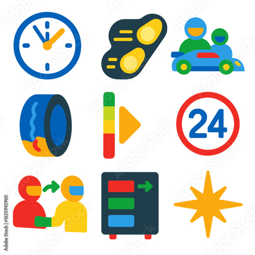 Endurance Racing Icons. Flat vector icons of endurance racing: race clock icon, night driving lights, multi-driver car, tire wear