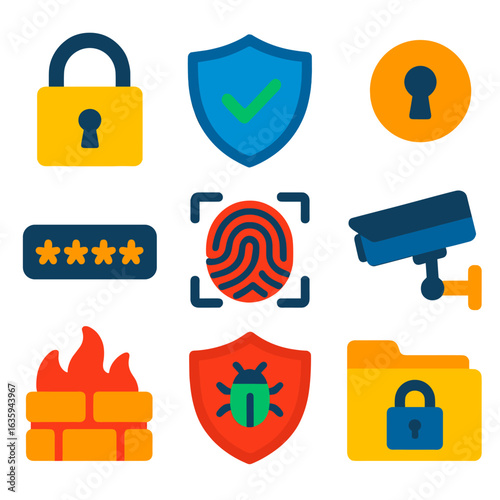 Security Icons Set. Flat vector icons of general security: padlock, shield with checkmark, keyhole, password dots, fingerprint