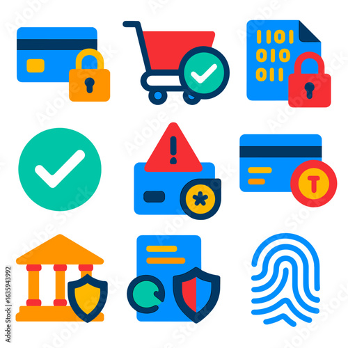 Secure Payment Icons. Flat vector icons of secure payment and transactions: credit card with lock, secure checkout icon, payment