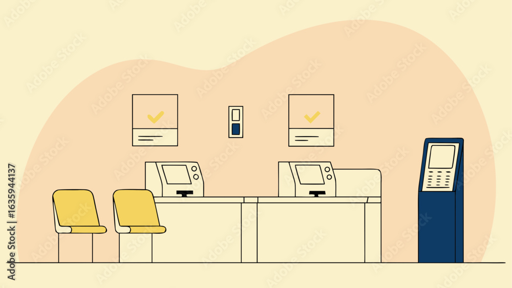 Fototapeta premium Interior of a bank with atm, chairs, and counters in a modern design