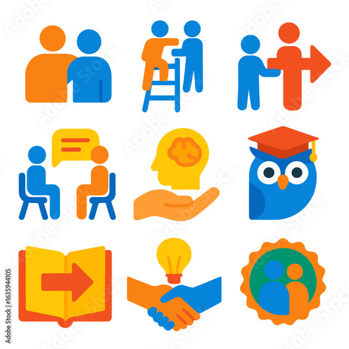 Mentorship Icon Set. Flat vector icons of mentorship and guidance: mentor and mentee, support ladder, coaching arrows, feedback