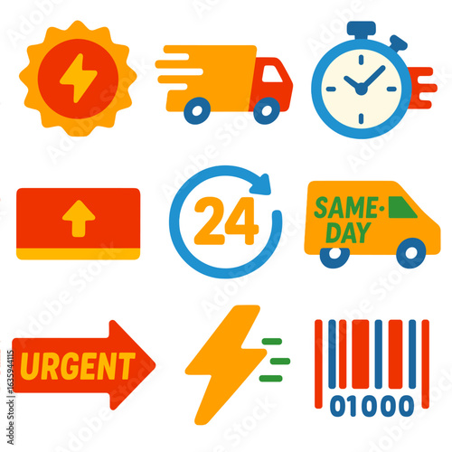 Express Shipping Icons. Flat vector icons of express and priority shipping: express badge, fast truck icon, stopwatch delivery,