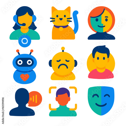 Bold Virtual Avatars. Flat vector icons of virtual beings and agents: digital assistant avatar, virtual pet, synthetic personality