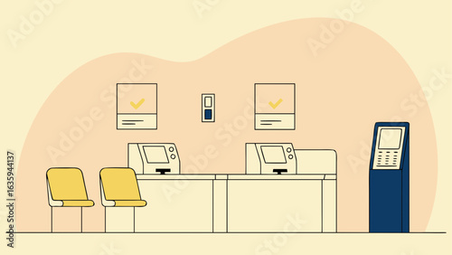 Interior of a bank with atm, chairs, and counters in a modern design