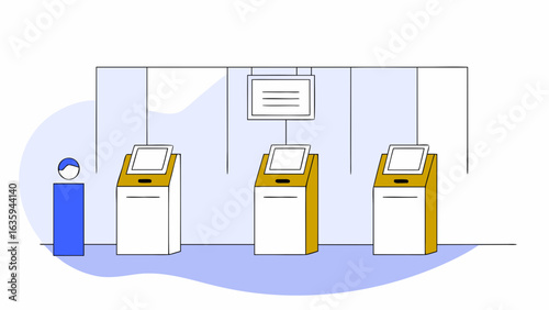 Row of selfservice kiosks with screens in a public space isolated on white background