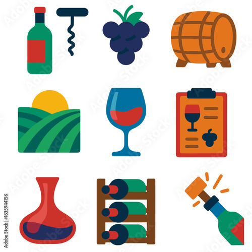 Vibrant Wine Icons. Flat vector icons of wine and vineyard: wine bottle and corkscrew, grape bunch, wine barrel, vineyard hills,
