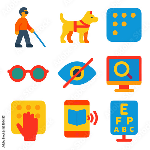 Visual Impairment Icons. Flat vector icons of visual impairments: blind person with cane, guide dog, braille icon, visual aid