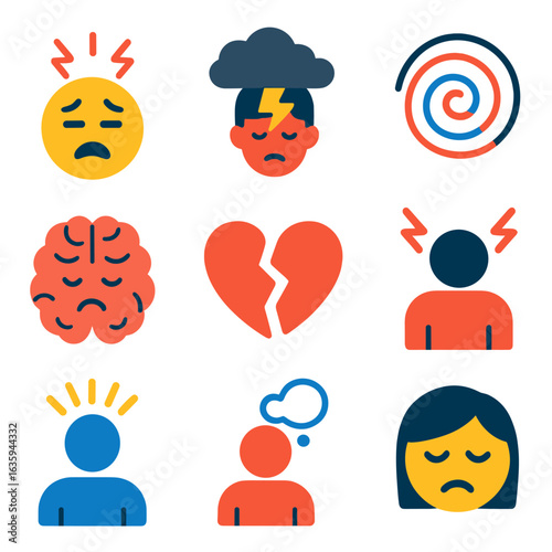 Stressed Icons Collection. Flat vector icons of stress and anxiety: stressed face, storm cloud over head, anxiety swirl,