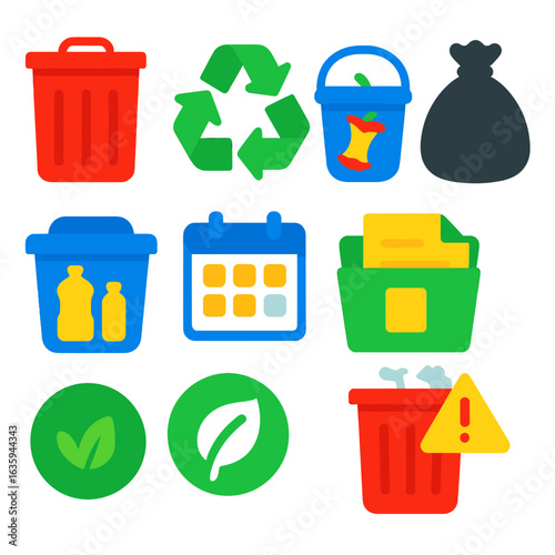 Bright Recycling Icons. Flat vector icons of trash and recycling: trash bin icon, recycling arrows, compost bucket, garbage bag,