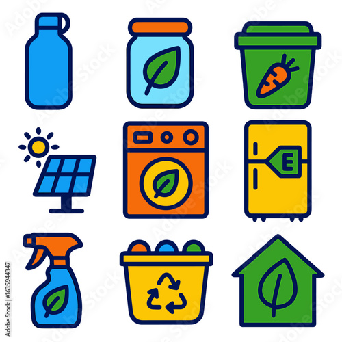 Eco-Friendly Icon Set. Flat vector icons of eco-friendly household practices: reusable bottle icon, zero waste jar, compost bin,