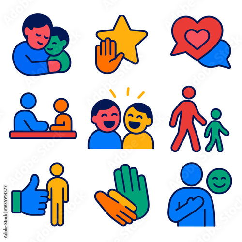 Positive Parenting Icons. Flat vector icons of positive parenting and bonding: cuddling parent, praise star, joint activity icon,