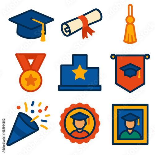 Graduation Icon Set. Flat vector icons of graduation ceremony items: graduation cap, diploma scroll, tassel icon, award medal,