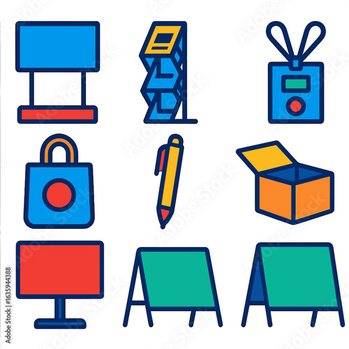 Exhibition Icon Set. Flat vector icons of exhibition and expo items: display stand, brochure rack, flyer stack, event badge,