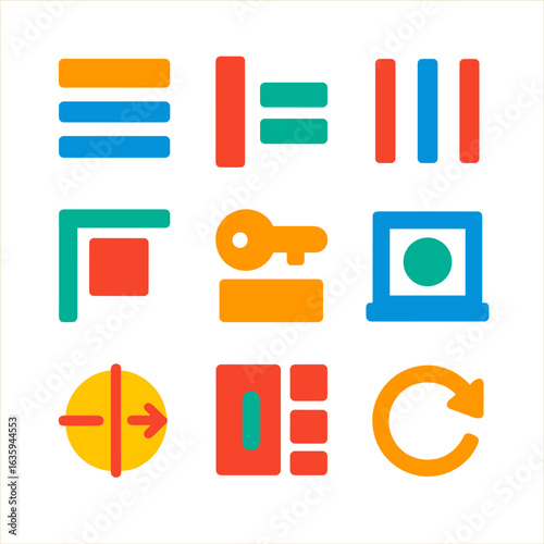 Vibrant Alignment Icons. Flat vector icons of symbol alignment shortcuts: top align button, left align icon, vertical distribute,