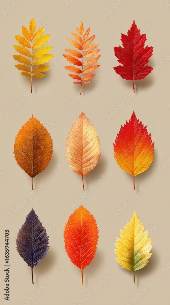 Obraz premium Colorful autumn leaves arranged in a grid showcasing seasonal changes and diversity in nature